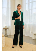 Ruched Sleeve Open-Front Velvet Blazer- Hunter Green