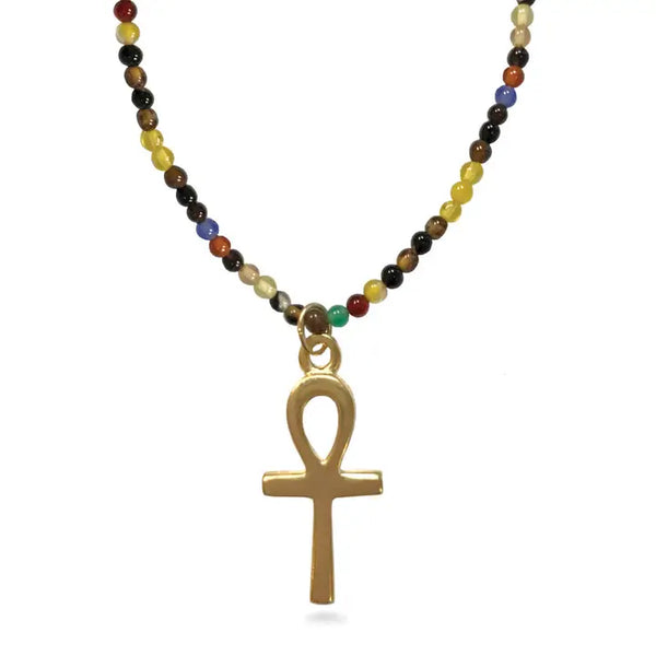Egyptian Ankh On Petitie Agate Beaded Necklace