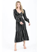 V Neck Twist Front Long Sleeve Maxi Dress - Black