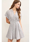 Stand Up Collar Pleated Waist Flare Denim Dress- Denim