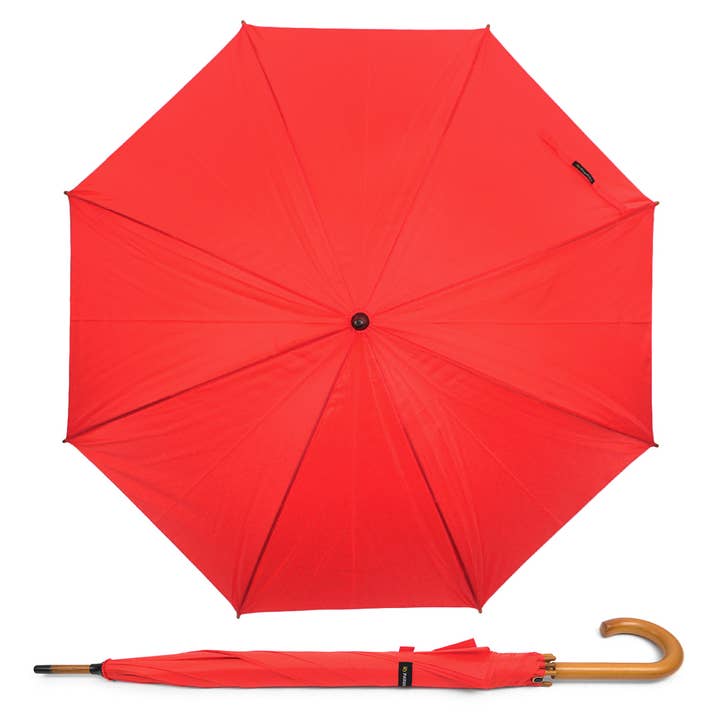 Red Wooden Auto-Open Umbrella with Metal Frame