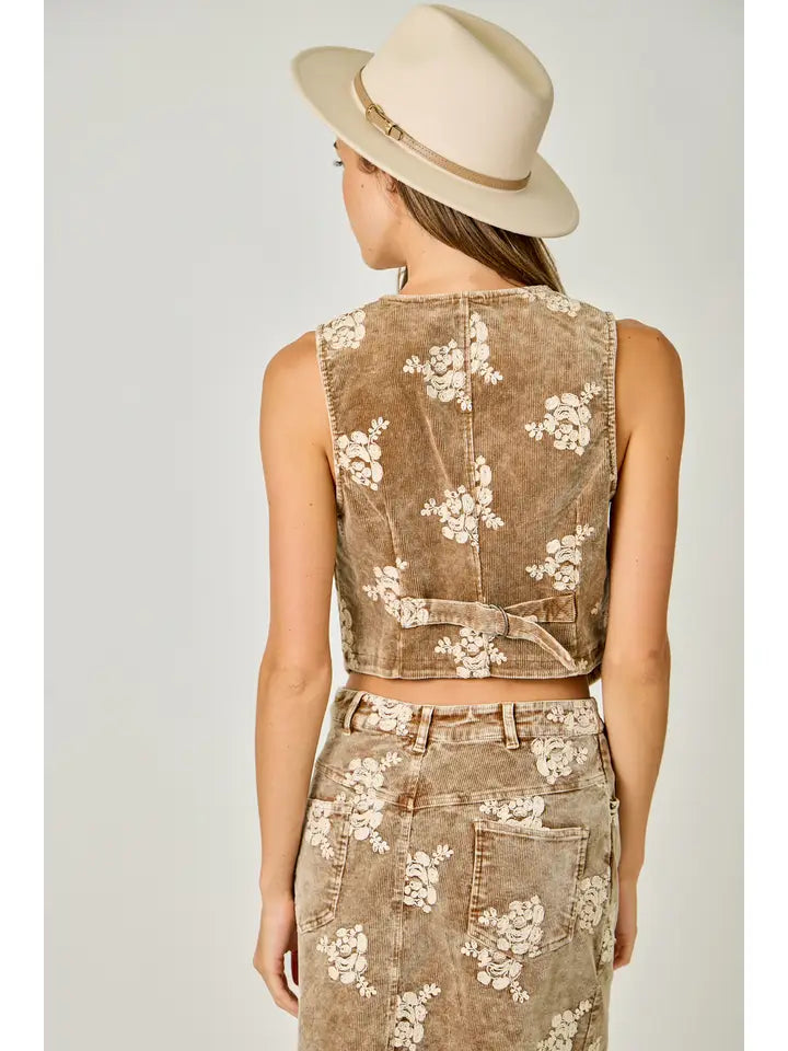 Embroidered Corduroy Vest- Washed Toffee