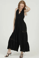 V Neck Halter Acid Wash Jumpsuit with Lace Insets