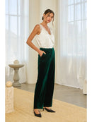 High-Waisted Wide-Leg Velvet Pants- Hunter Green