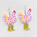 Acrylic Pink Hen with Boots Earrings