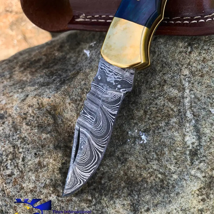Blue Diamond Wood Folding Knife with Leather Sheath