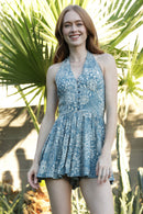 Blue Floral Collared Halter Romper