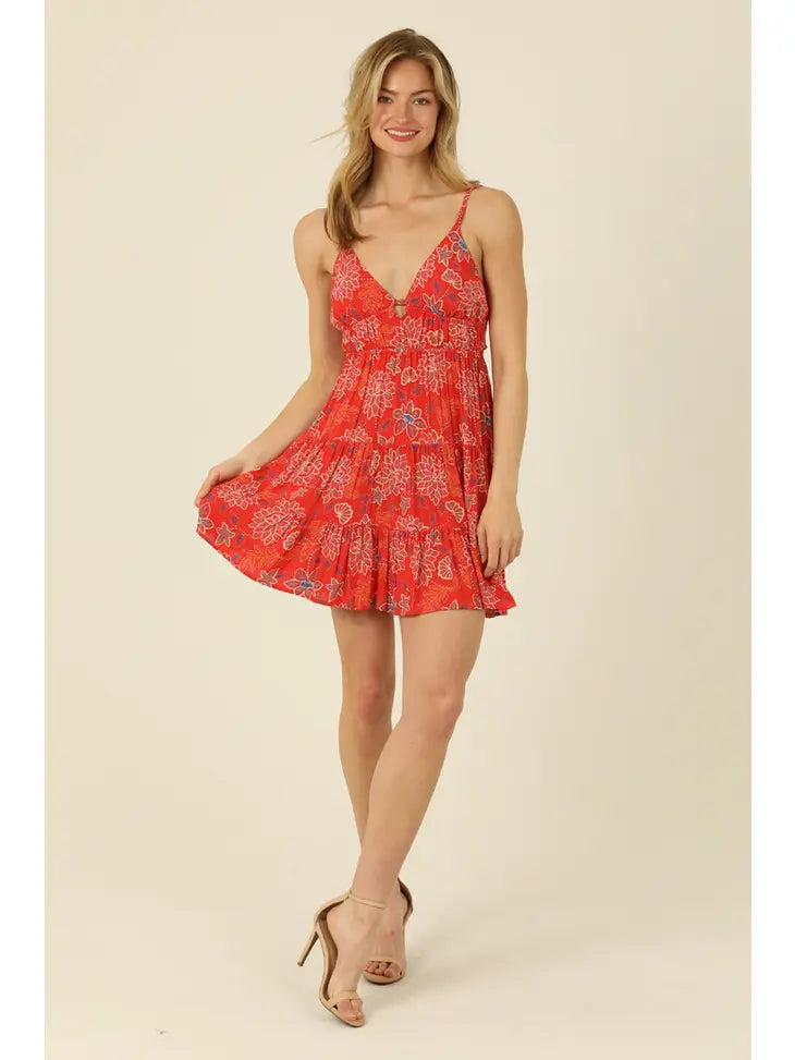 Spaghetti Strap Open Back Tiered Sundress - Red
