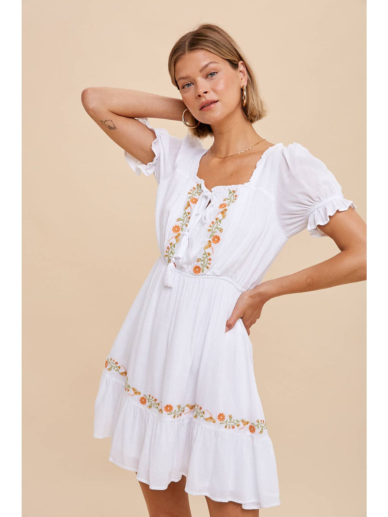Floral Embroidery Peasant Mini Dress