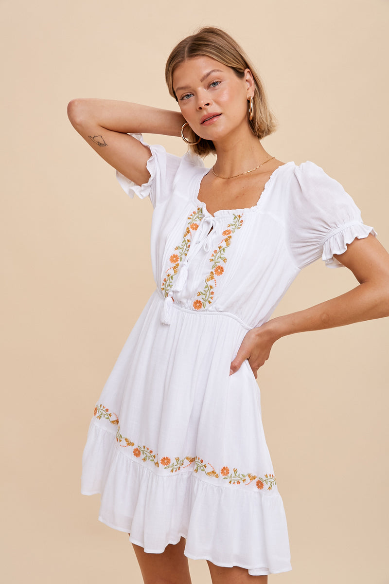 Floral Embroidery Peasant Mini Dress