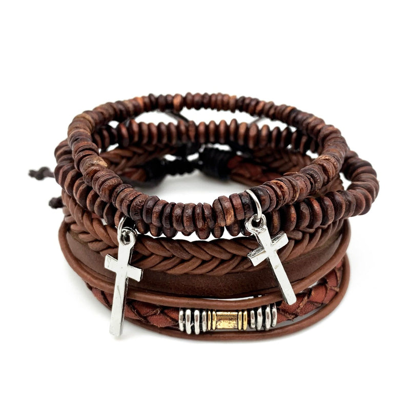 Aadi Brown Leather and Beads Silver Cross Men's Bracelet Set