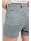 High Waisted Stone Blue Back Pocket Embroidery Shorts