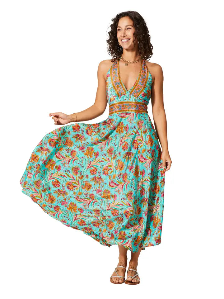 Long Sleeveless Summer Halter Dress - Teal Pink & Orange