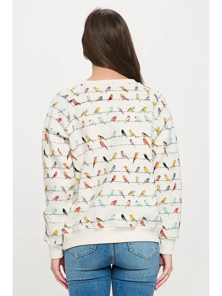 Colorful Chipry Birds Print Sweatshirt