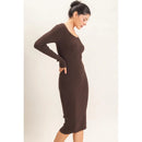 Ribbed V-Neck Long Sleeve Dress- Dark Brown