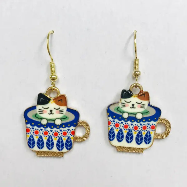 Cat in Blue Flora Coffee Cup Earrings