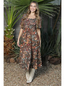 Cactus Print Smocked Bodice Puff Sleeve Midi Dress