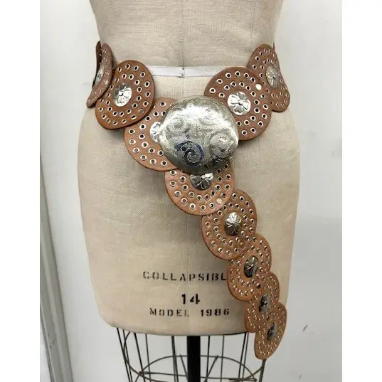 Leather Disc Belt Silver/ Tan