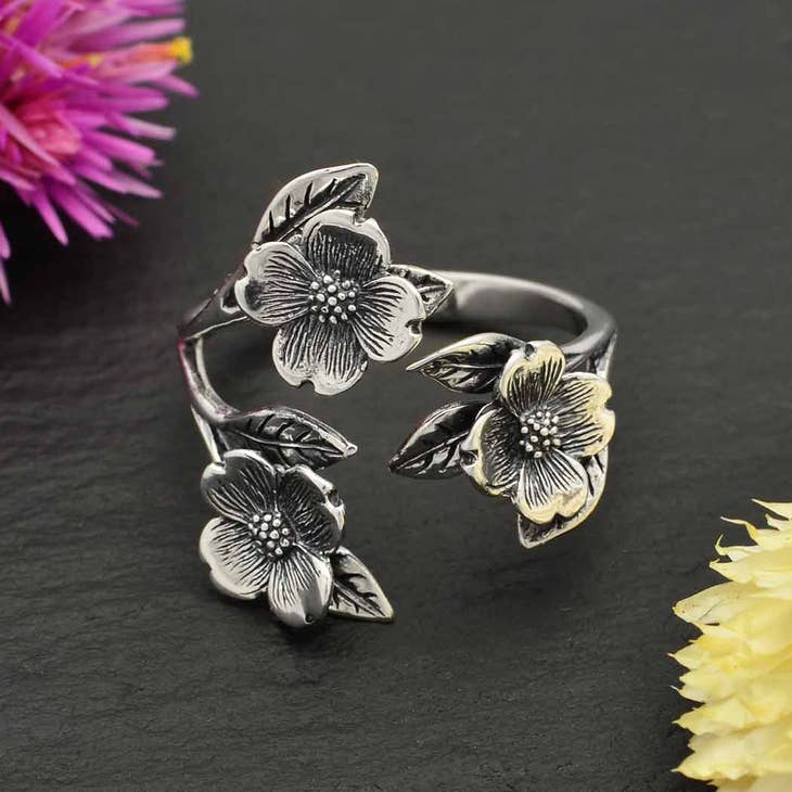 Sterling Silver Adjustable Dogwood Flower and Leaf Ring