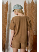 Split Neck Short Sleeve Terry Knit Top- Mocha