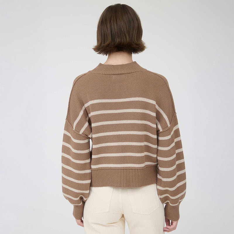 Striped Mock Neck Drop Shoulder Knit Sweater- Cocoa