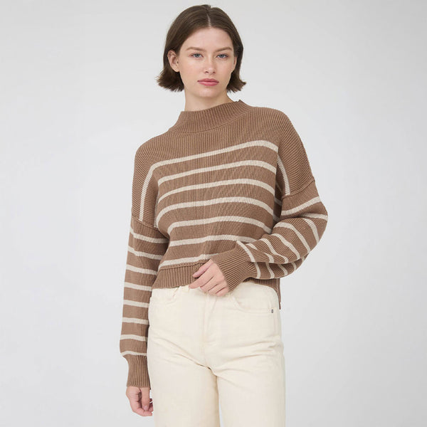 Striped Mock Neck Drop Shoulder Knit Sweater- Cocoa