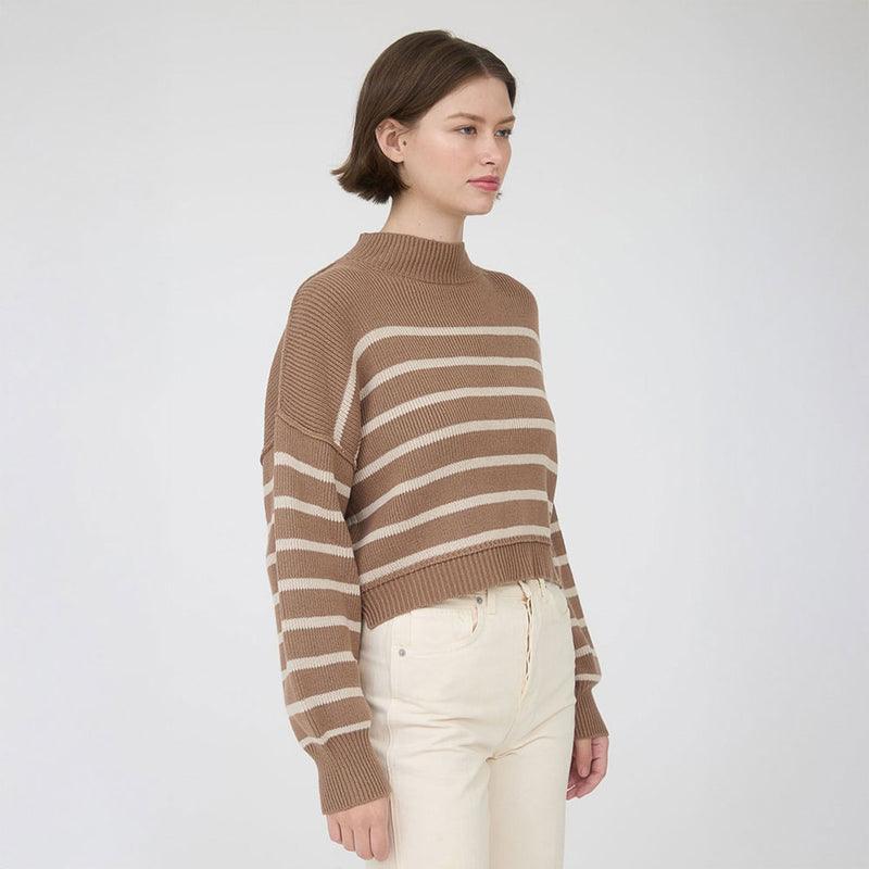 Striped Mock Neck Drop Shoulder Knit Sweater- Cocoa