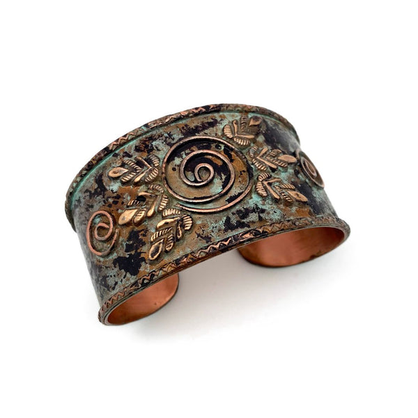 Leaf Shapes and Spirals - Turquoise Copper Patina Cuff
