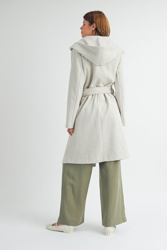 Brushed Hooded Belted Coat - Oatmeal