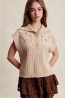 Floral Embroidered Mock Neck Sweater Vest Taupe