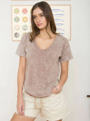 Washed Scoop Neck Raw Edge Short Sleeve Knit Top