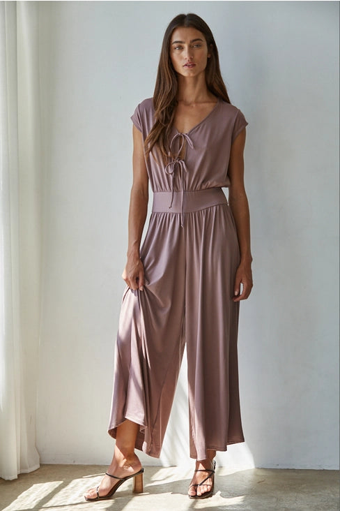 Knit Polyester Spandex V-Neck Short Sleeve Jumpsuit