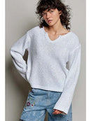 Textured Ribbed Knit Split Neck Relaxed Fit Wide Sleeve Top- Off White