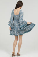 Floral V-Neck Mini Bell Sleeve Dress - Blue