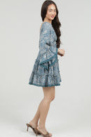 Floral V-Neck Mini Bell Sleeve Dress - Blue