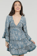 Floral V-Neck Mini Bell Sleeve Dress - Blue