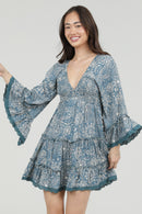 Floral V-Neck Mini Bell Sleeve Dress - Blue