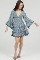 Floral V-Neck Mini Bell Sleeve Dress - Blue