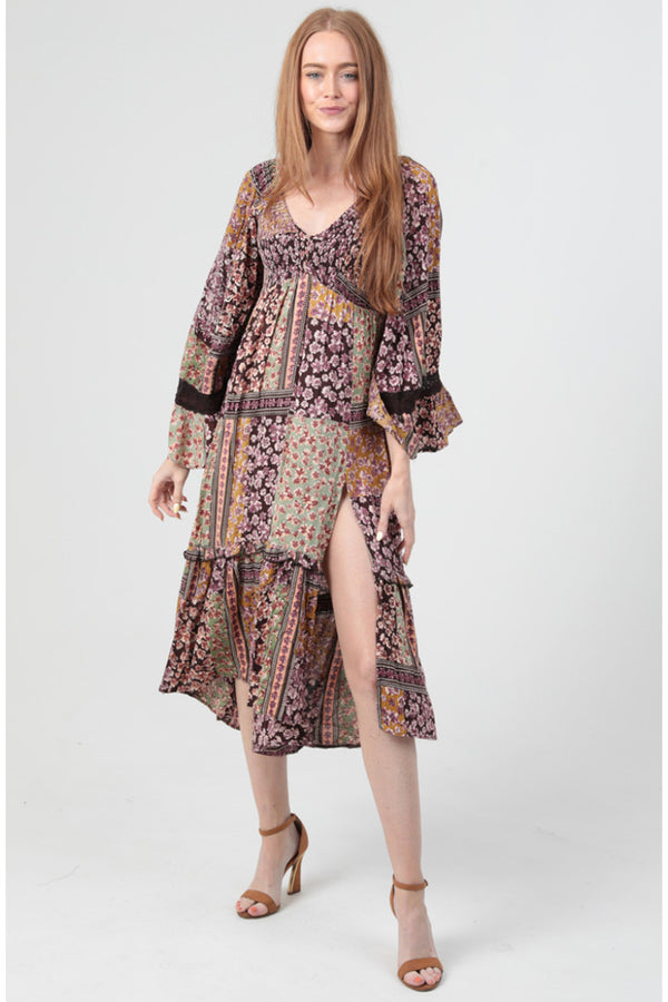 Tiered Midi Dress with Slit and Flare Sleeve with Trim- Espresso