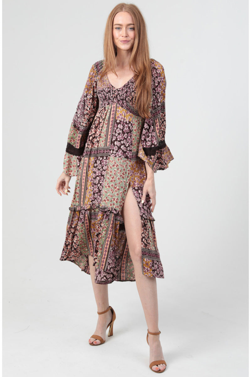 Tiered Midi Dress with Slit and Flare Sleeve with Trim- Espresso