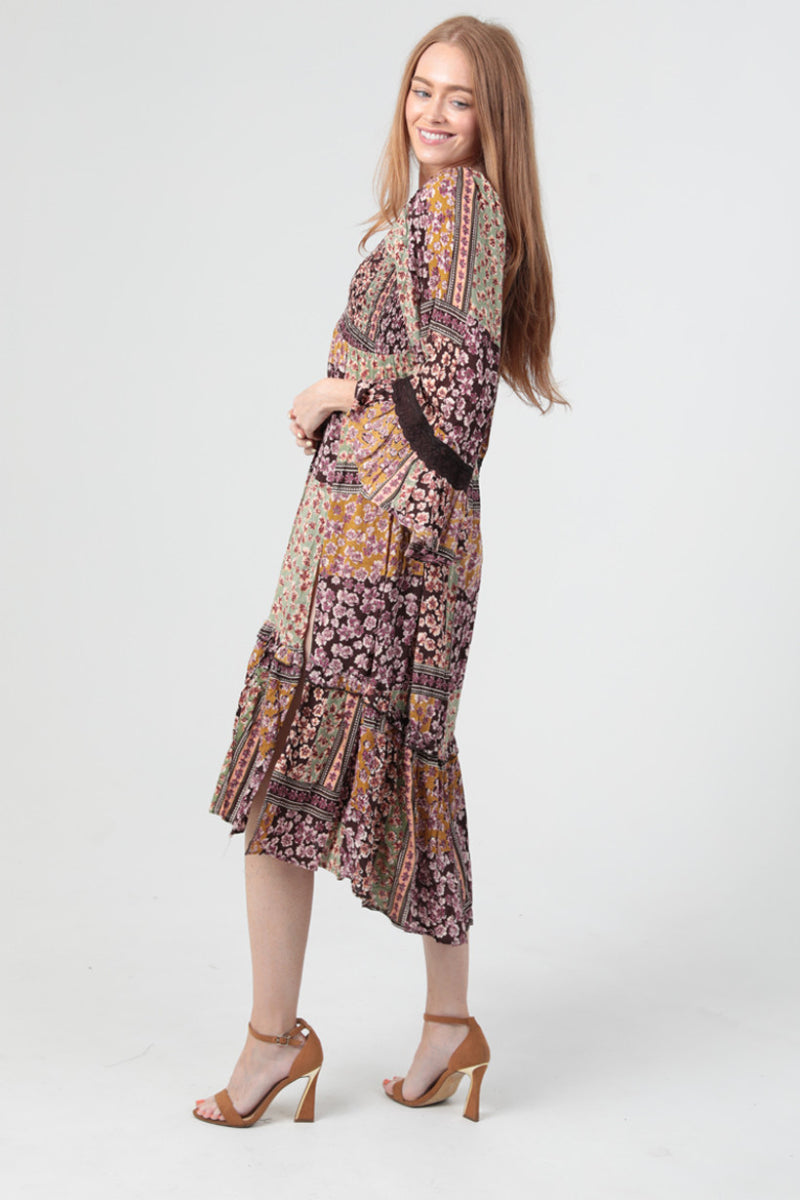 Tiered Midi Dress with Slit and Flare Sleeve with Trim- Espresso