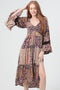Tiered Midi Dress with Slit and Flare Sleeve with Trim- Espresso