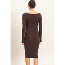 Ribbed V-Neck Long Sleeve Dress- Dark Brown