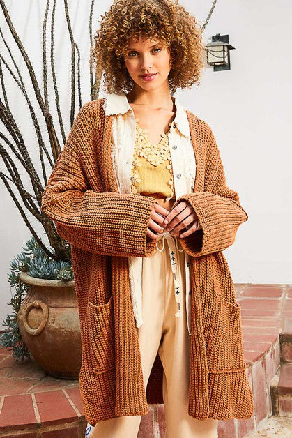 Dropped Shoulder Pocket Cardigan- Burnt Topaz