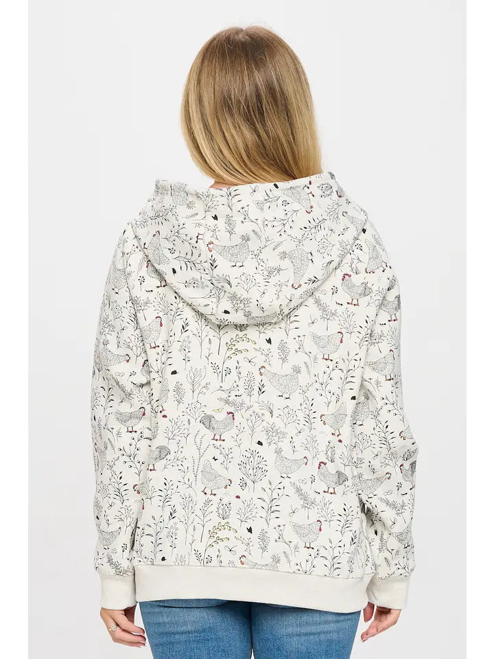 Rooster Floral Print Zip Hoodie