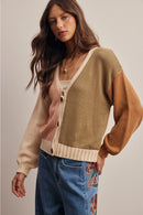 Color Block Knit Cardigan- Olive Multi
