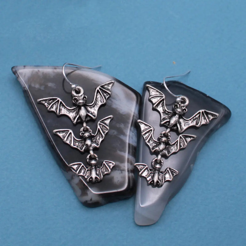 Midnight Flight Silver Triple Bat Earrings