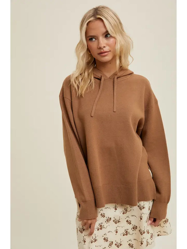 Hooded Sweater With Side Slits- Coffee