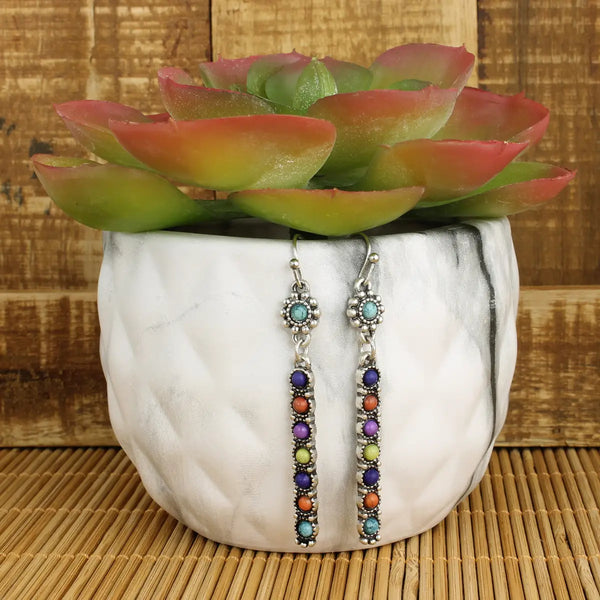 Silver Multi Stone Colorful Bar Dangle Earrings