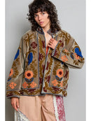 Vine Motifs Embroidered Long Sleeve Contrast Velvet Jacket- Olive